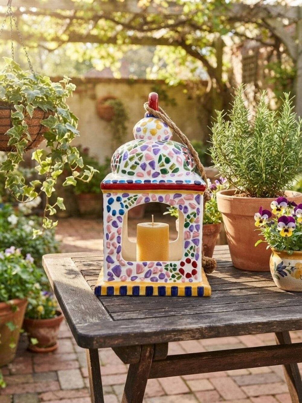 Colorful Mosaic Ceramic Birdhouse Lantern Hanging Garden Candle Holder